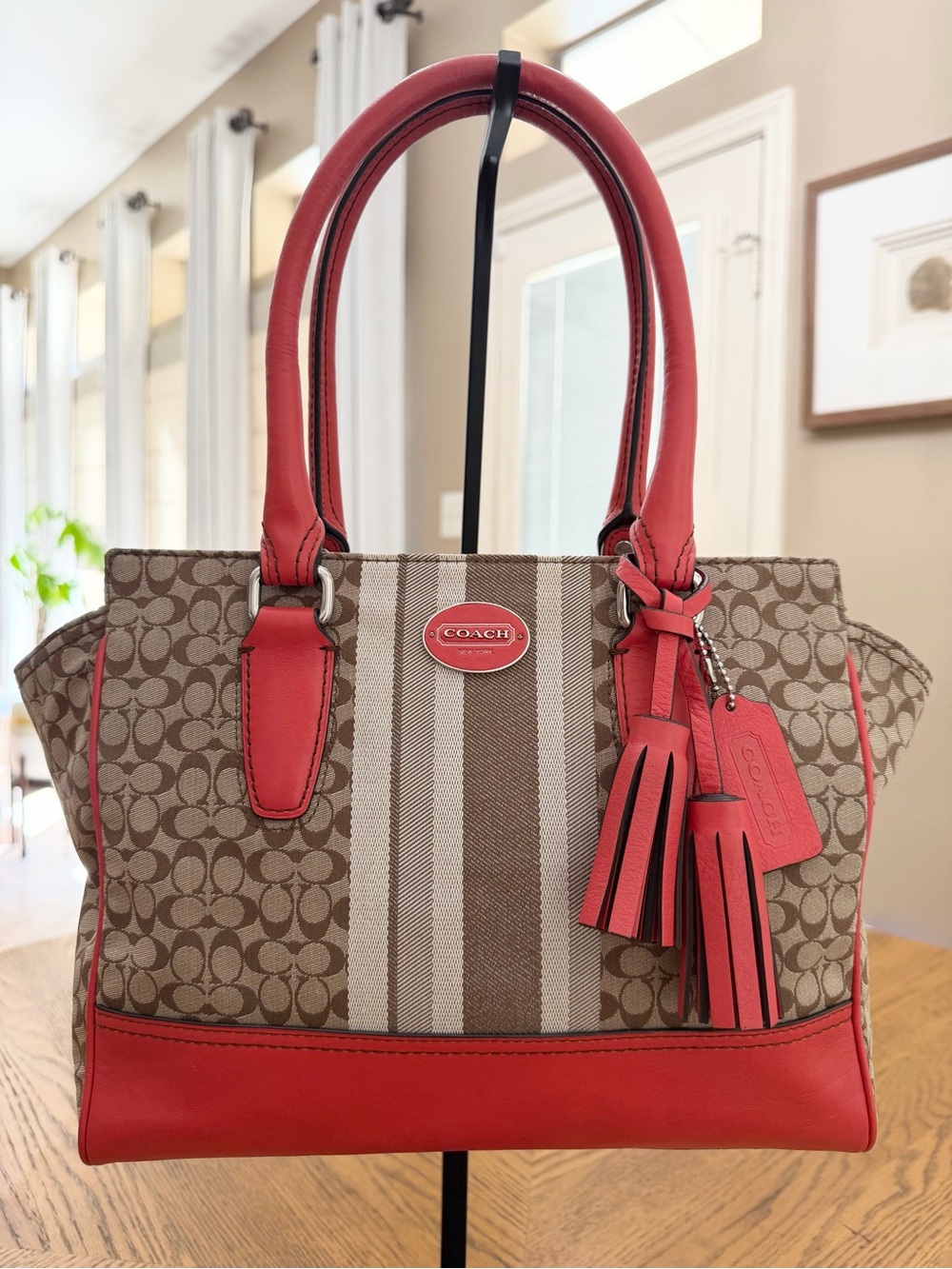 Coach Legacy Signature Stripe Tote in Coral/Red and Brown